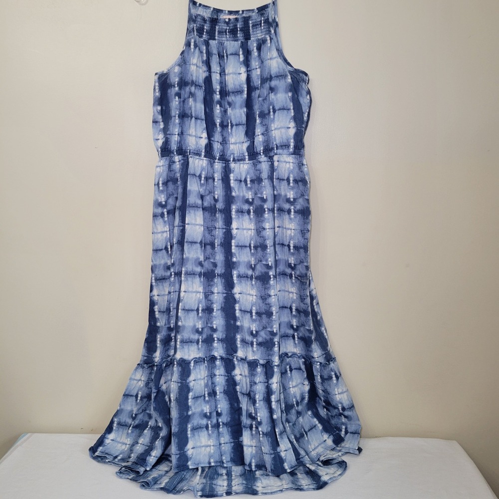 SO Blue Tie Dye High Neck Tiered Maxi Dress Plus Size 18 Plus Boho Cottagecore
